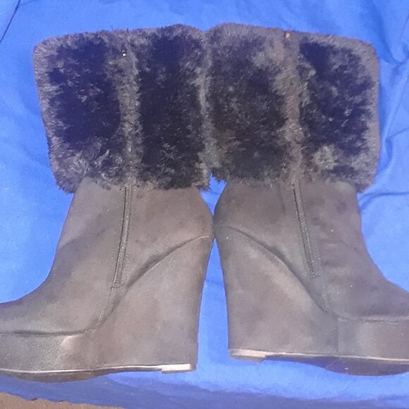 Pointed Toe Platform Wedge Heels Faux Fur Half Boots - Picture 5 of 5
